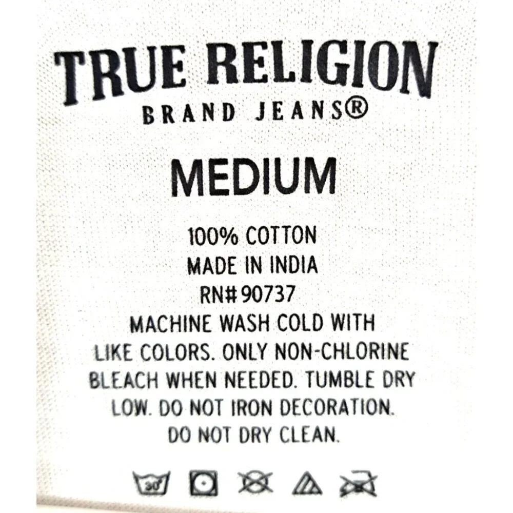 True Religion Men's M White V-Neck Shorts Sleeve T-Shirt Silver Accents